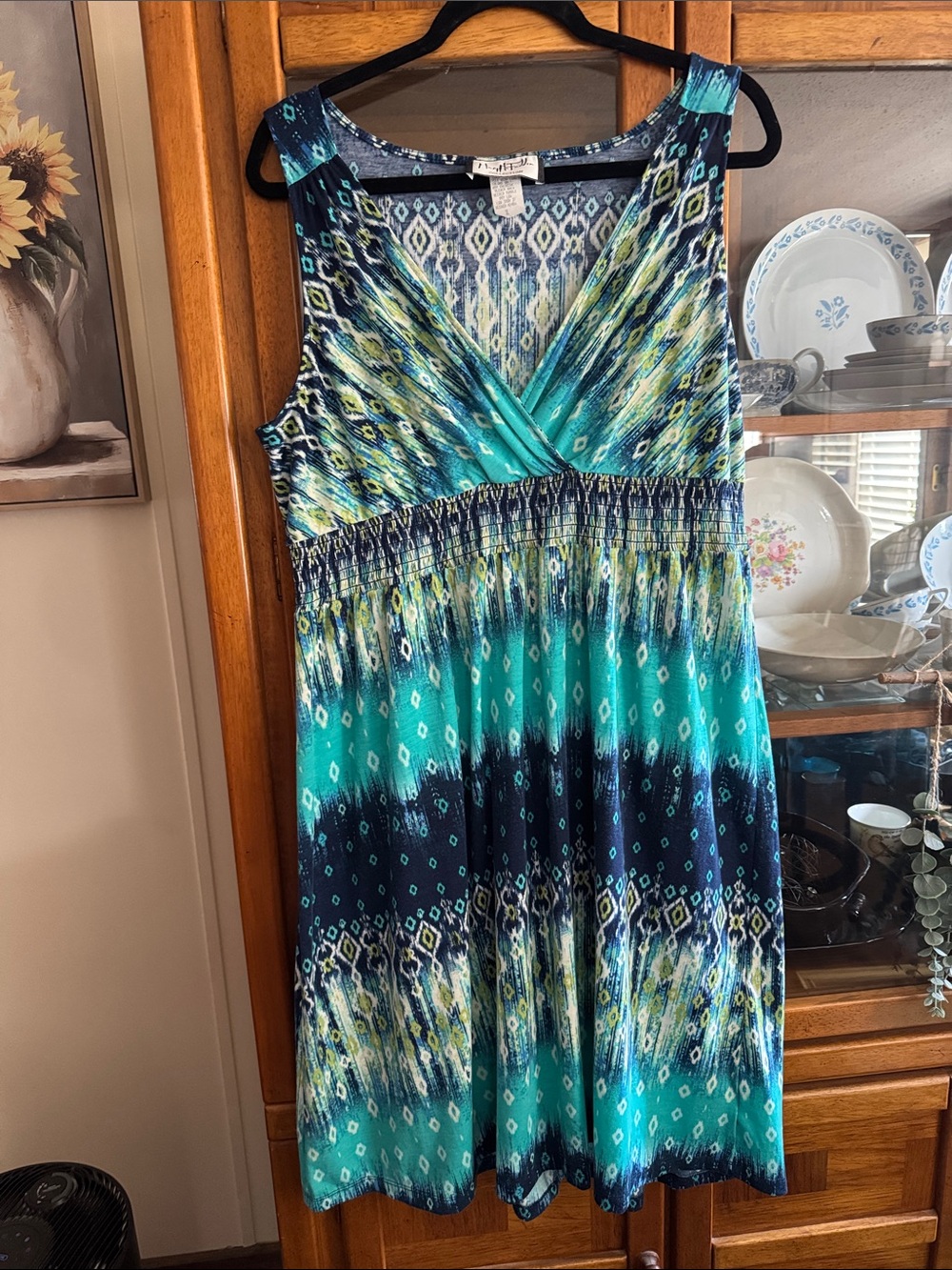 Mary McFadden Teal & Navy Sleeveless Printed Midi Dress